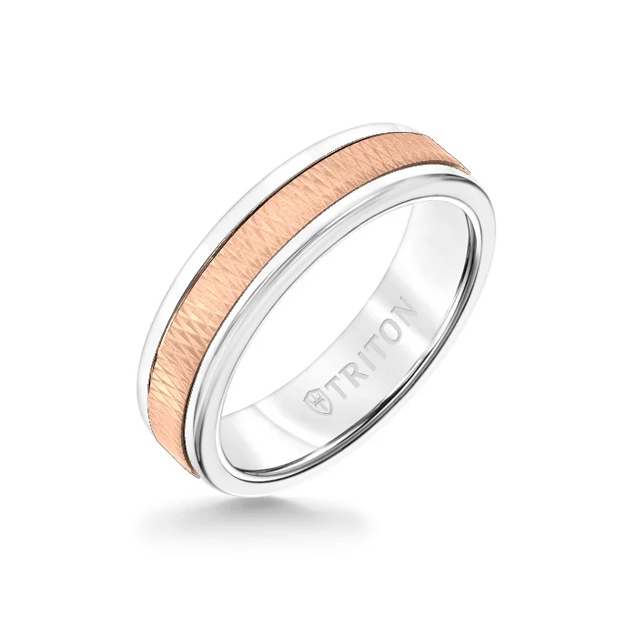 minimalist wedding rings -6MM White Tungsten Carbide Ring - Criss Cross 14K Rose Gold Insert with Round Edge