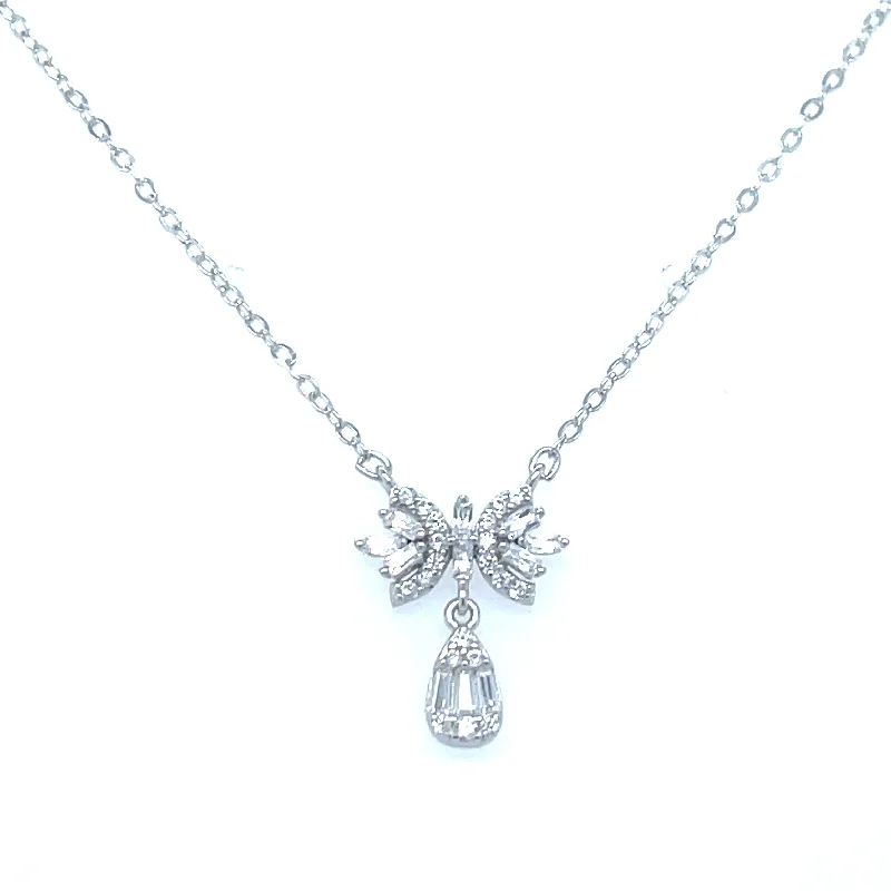 engraved gold necklaces for women -Sterling Silver Bow Necklace With Drop Cz