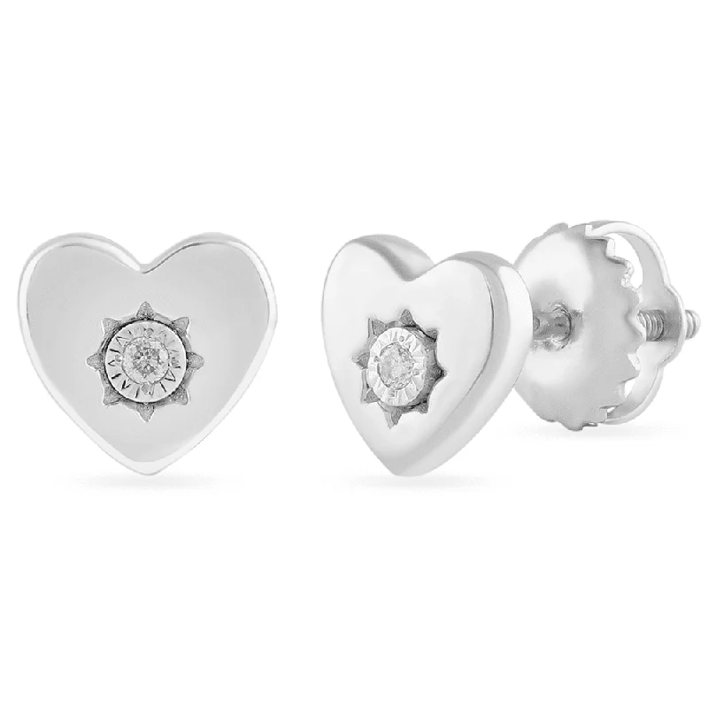 statement drop earrings for women -Diamond Set Heart Stud Earrings in Sterling Silver