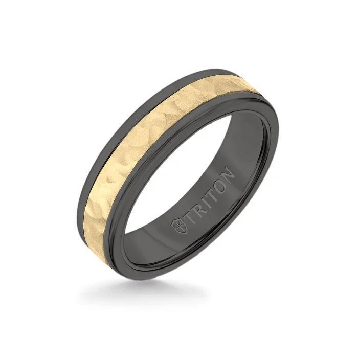 sapphire rings for women -6MM Black Tungsten Carbide Ring - Hammered 14K Yellow Gold Insert with Round Edge