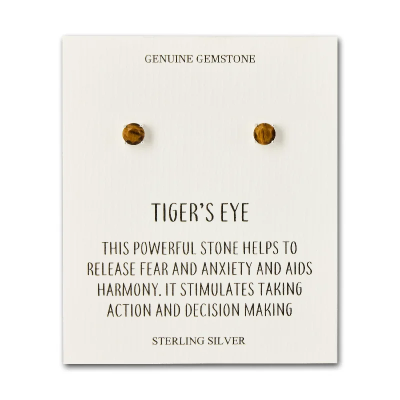 pearl stud earrings for women -Sterling Silver Tigers Eye Gemstone Earrings with Quote Card