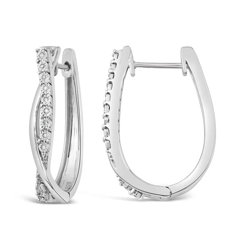 luxury drop earrings for women -Diamond Set Crossover Hoop Earrings in Sterling Silver