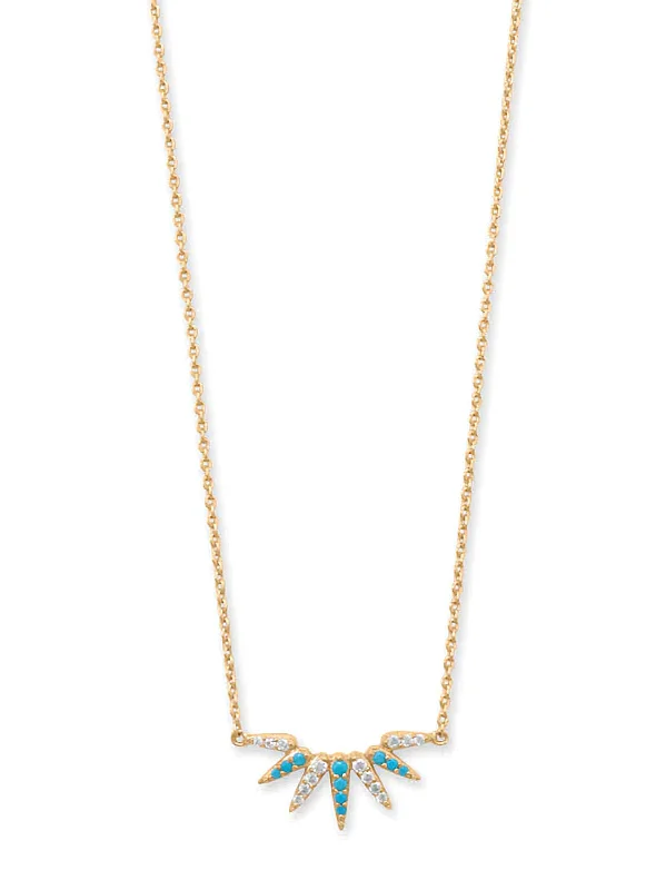 fashion necklaces for women -Turquoise Spike Sunray Necklace with Cubic Zirconia 14k Gold-plated Silver