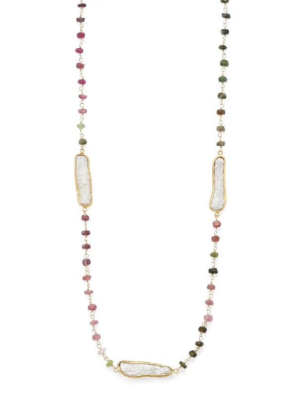 custom name necklaces for women -Tourmaline Bead and Cultured Freshwater Stick Pearl Necklace 24-inch Length