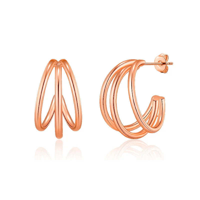 wedding earrings for women -Rose Gold Plated Triple Hoop Earrings