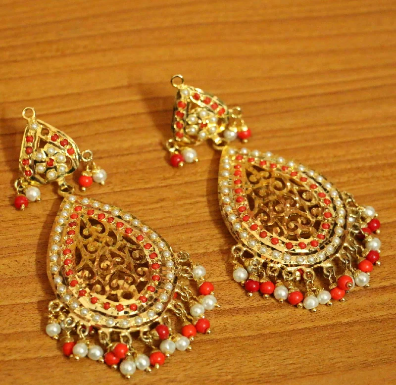 silver stud earrings for women -Gold Plated Coral & Pearl Jadau Earrings