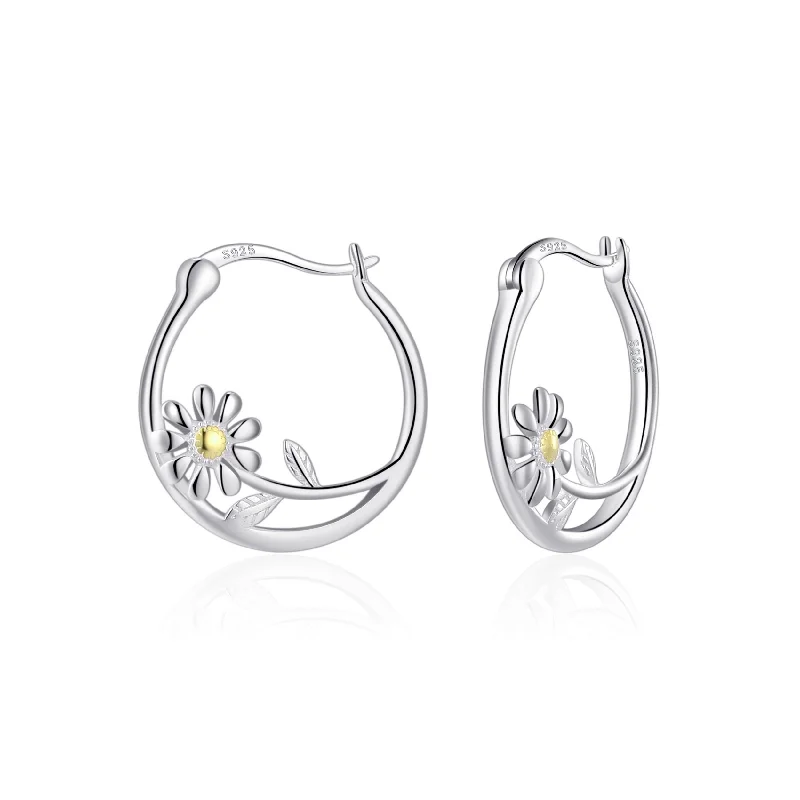 trendy silver earrings for women -Sterling Silver Daisy Hoop Earrings