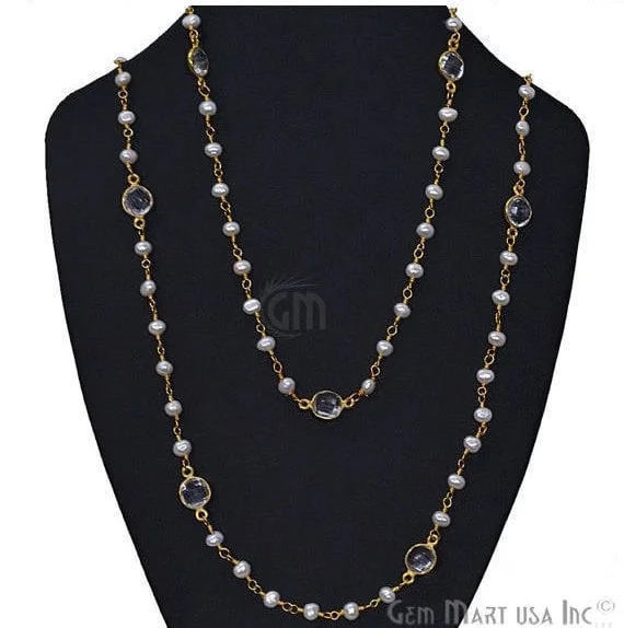 pearl necklaces for women -Pearl Necklace With Crystal Chain, 30 Inch Gold Plated Beaded Finished Necklace Jewelry