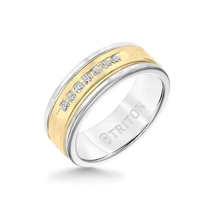 personalized engagement rings -8MM White Tungsten Carbide Ring - White Diamonds 14K Yellow Gold Insert with Round Edge