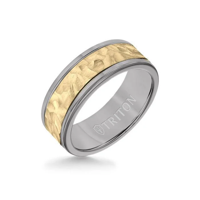 statement rings for women -8MM Grey Tungsten Carbide Ring - Hammered 14K Yellow Gold Insert with Round Edge