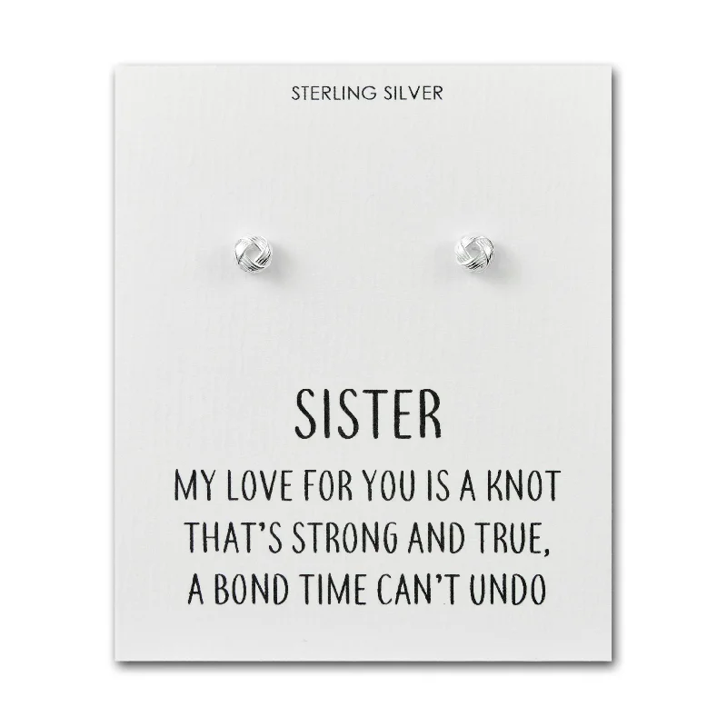 crystal earrings for women -Sterling Silver Sister Quote Knot Earrings