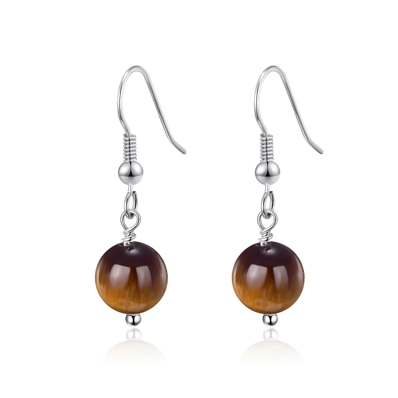 clip-on earrings for women -Tigers Eye Gemstone Round Drop Earrings