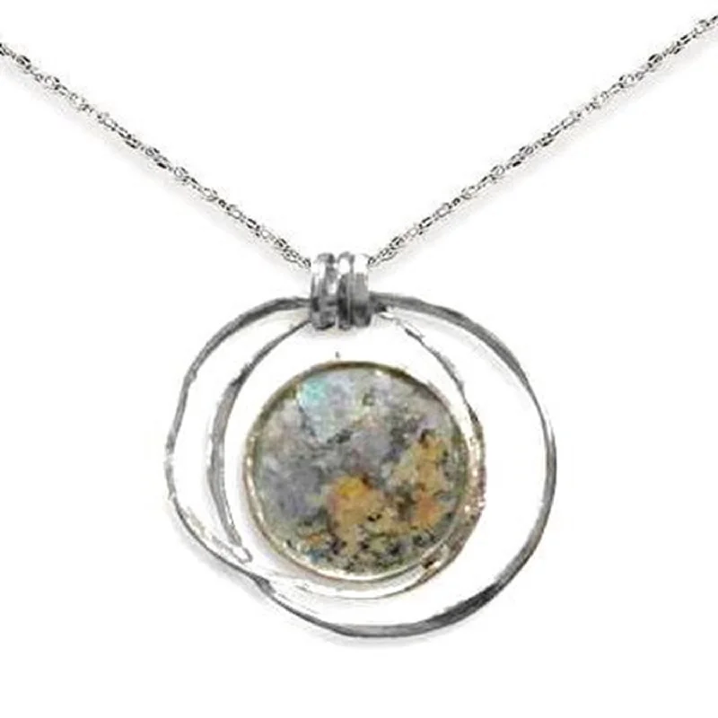 vintage gold necklaces for women -Ancient Roman Glass Hoop Pendant Necklace Textured Sterling Silver, with Chain