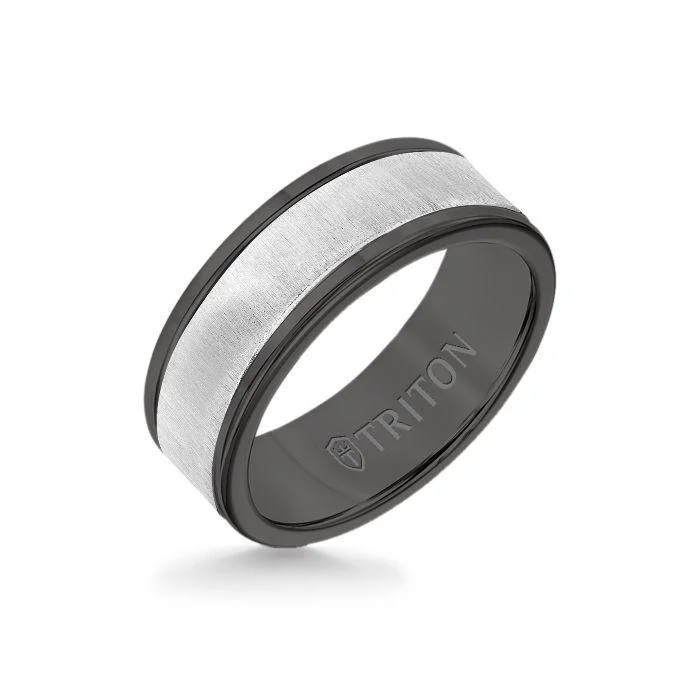 bold rings for women -8MM Black Tungsten Carbide Ring - Vertical Satin 14K White Gold Insert with Round Edge