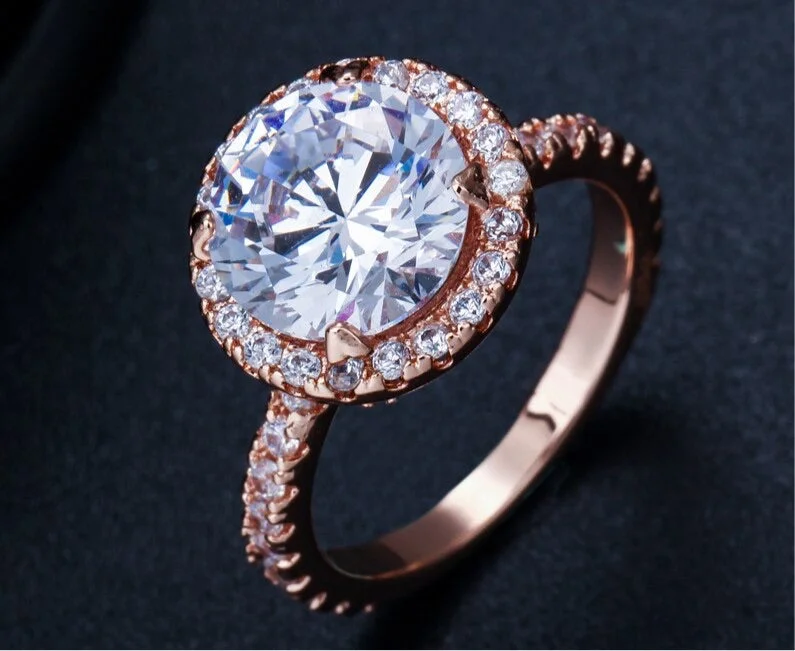 floral engagement rings -High Quality CZ Crystal Rose Gold Color Big 2 Carat Round Ring