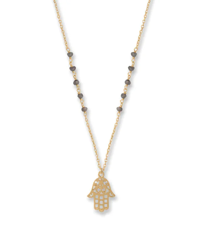 handmade necklaces for women -Hamsa Hand Necklace with Labradorite Beads 14k Gold-plated Silver