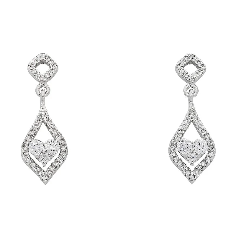 cute earrings for women -Sterling Silver White Cubic Zirconia Heart Open Marquise Surround Earrings