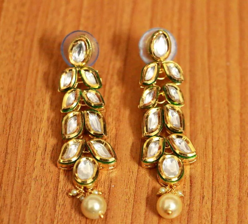 minimalist earrings for women -Kundan Meenakari Leaf Pattern Uncut Pearl Earrings