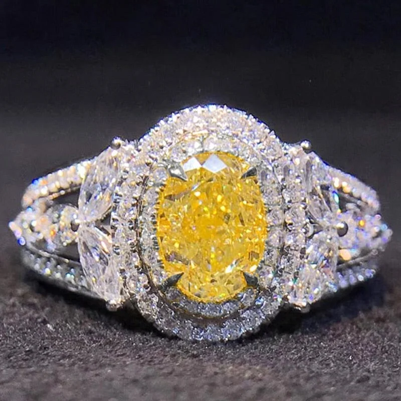 white gold rings for women -Gorgeous Oval Bright Yellow CZ Vintage Elegant High Quality Ring