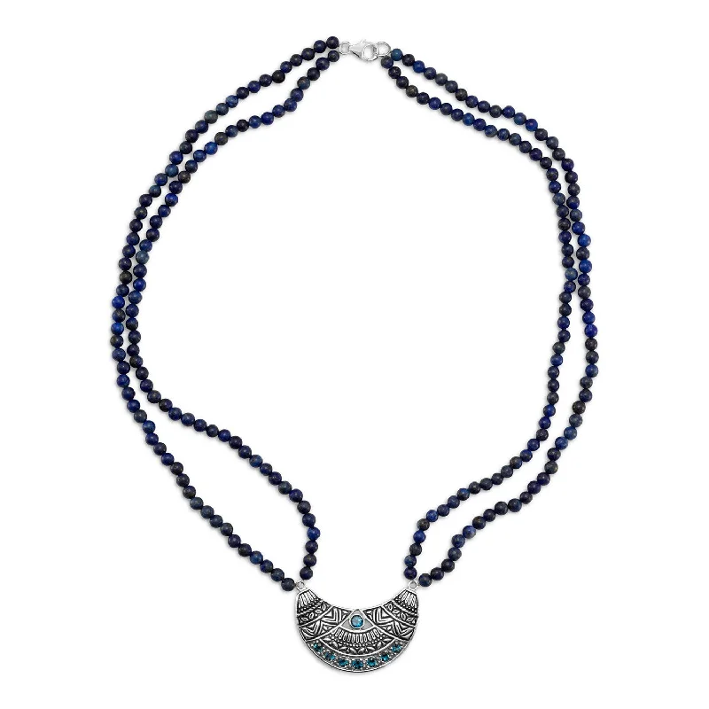 layered necklaces for women -Lapis Lazuli Bead Double Strand Necklace Crescent Antiqued Pendant with Blue Topaz