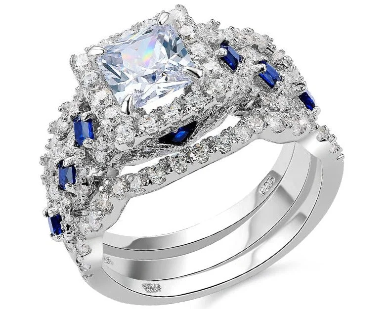 statement wedding rings -3 Pc 925 Sterling Silver 2.6Ct Princess Cut White & Blue AAAAA CZ Ring