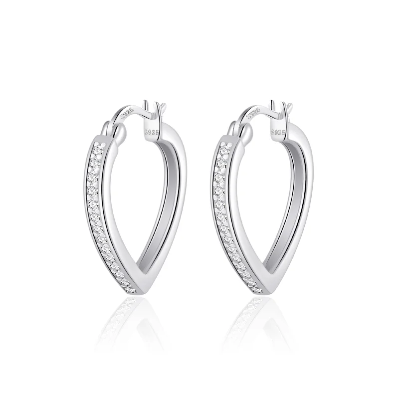 casual earrings for women -Sterling Silver Crystal Heart Hoop Earrings Created with Zircondia® Crystals