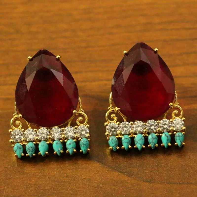 bold stud earrings for women -Ruby & Turquoise Cz Studded Studs