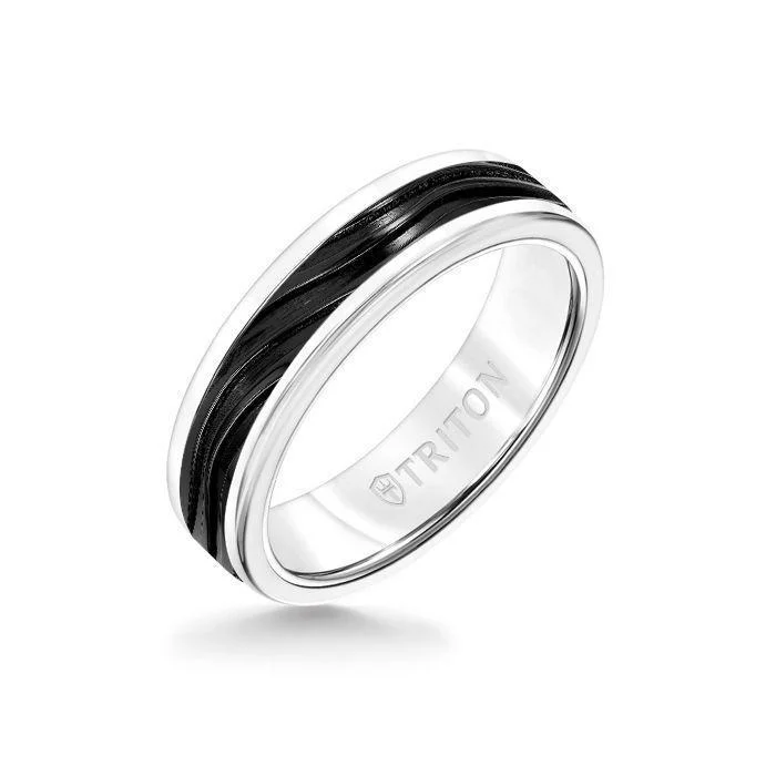 adjustable wedding rings -6MM White Tungsten Carbide Ring - Wave Black Titanium Insert with Round Edge