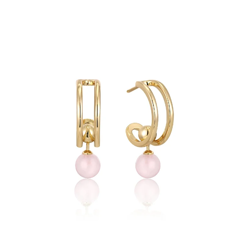 trendy silver earrings for women -Ania Haie Gold Orb Rose Quartz Stud Mini Hoop Earrings