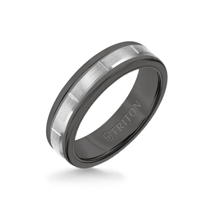 platinum rings for women -6MM Black Tungsten Carbide Ring - Vertical Cut 14K White Gold insert with Round Edge