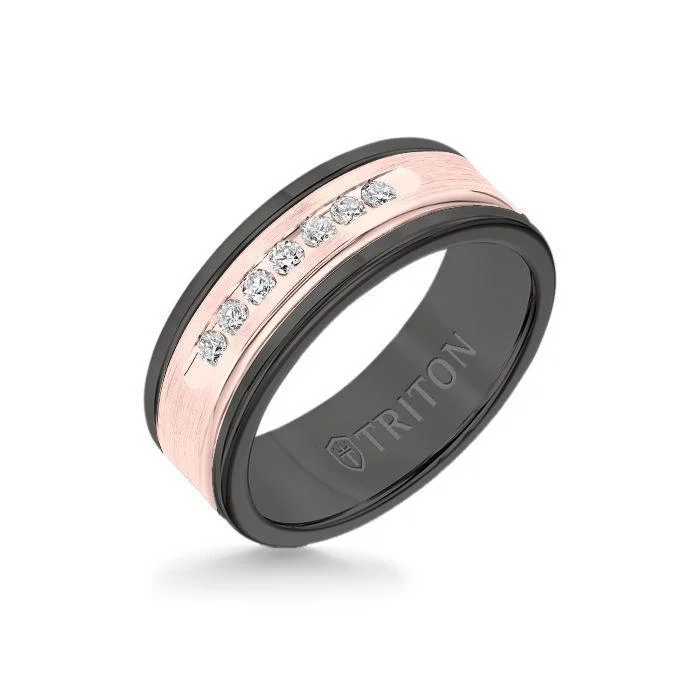 opal rings for women -8MM Black Tungsten Carbide Ring - White Diamonds 14K Rose Gold Insert with Round Edge