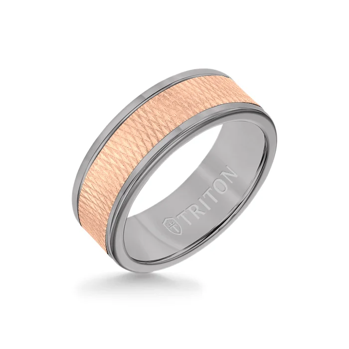 fashion gemstone rings -8MM Grey Tungsten Carbide Ring - Criss Cross 14K Rose Gold Insert with Round Edge