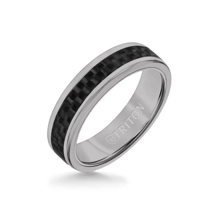 black diamond rings -6MM Grey Tungsten Carbide Ring - Twill Carbon Fiber Insert with Round Edge