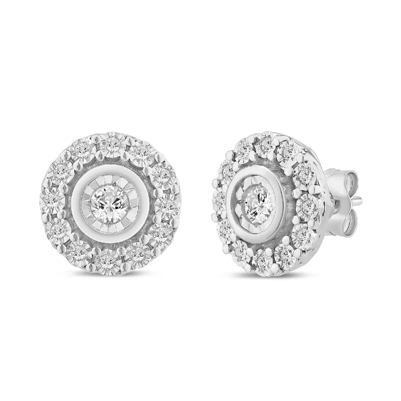 bridal earrings for women -Solitaire Halo Stud Earrings with 1/5ct of Diamonds in Sterling Silver