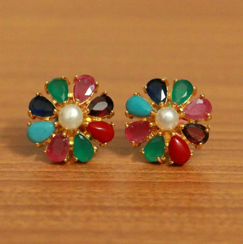 custom earrings for women -Multicolour Navratan Flower Shaped Studs