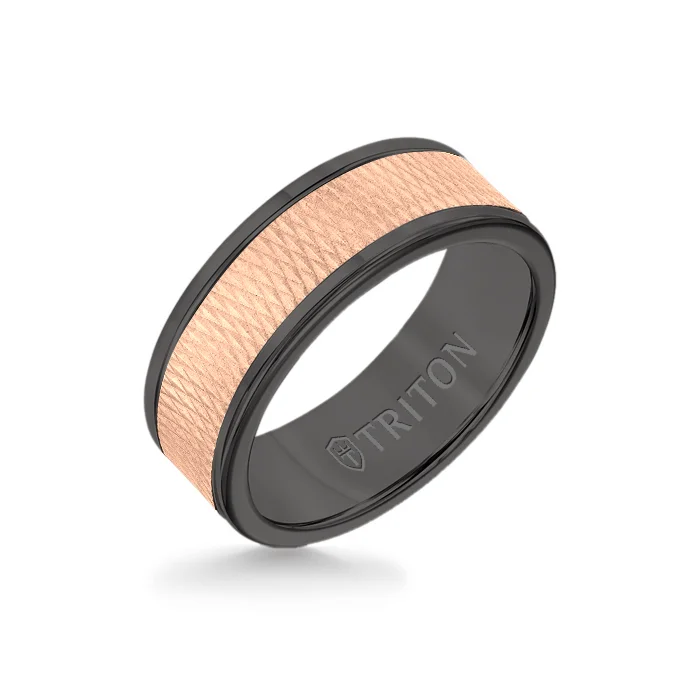 boho rings for women -8MM Black Tungsten Carbide Ring - Criss Cross 14K Rose Gold Insert with Round Edge