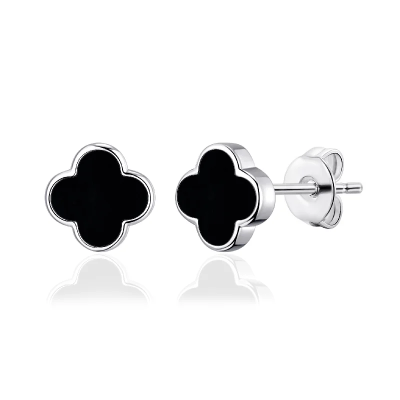 clip-on earrings for women -Black Onyx Gemstone Clover Earrings