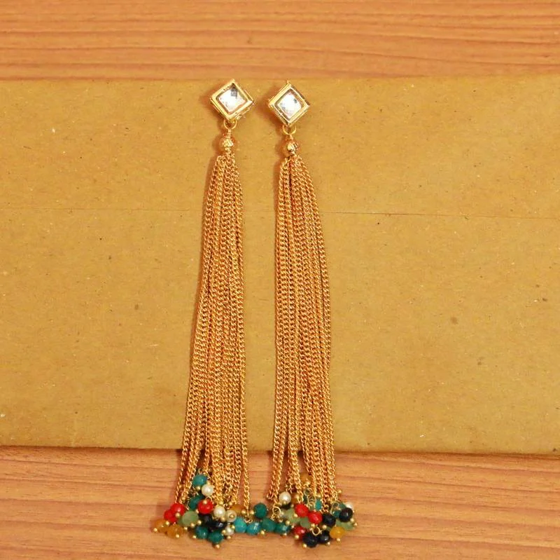 casual earrings for women -Kundan Meenakari Multicolour Tassle Earrings