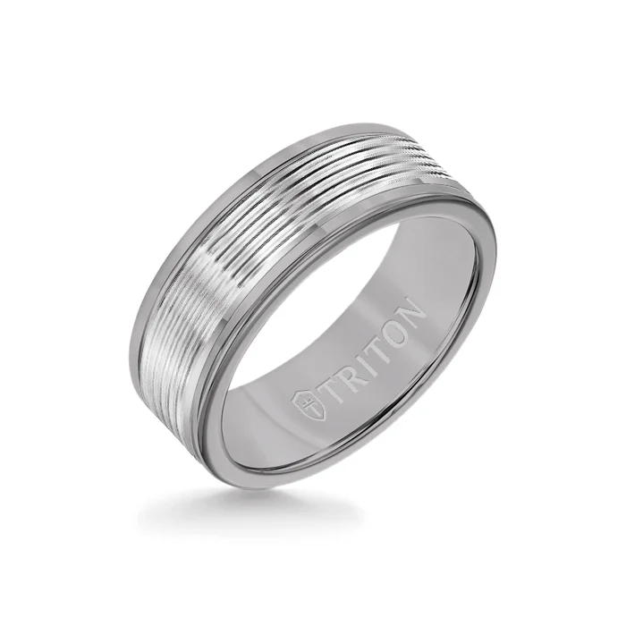 custom promise rings -8MM Grey Tungsten Carbide Ring - Serrated Engraved 14K White Insert with Round Edge