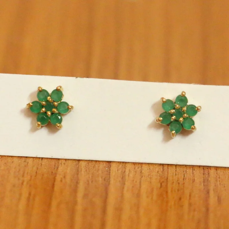 luxurious gold earrings for women -Green Onyx Flower Pattern Gold Plated Studs