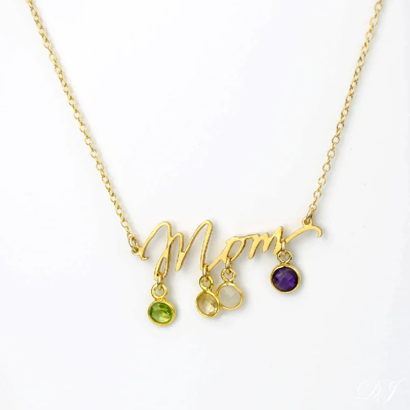 bohemian style necklaces for women -Mom Word Necklace with Tiny Kid's Birthstone Pendants