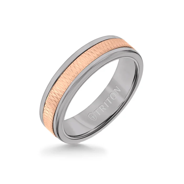 classic diamond rings -6MM Grey Tungsten Carbide Ring - Criss Cross 14K Rose Gold Insert with Round Edge