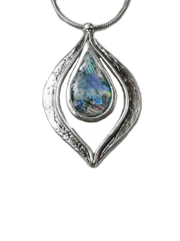 dainty silver necklaces for women -Ancient Roman Glass Necklace Marquise with Teardrop Center Sterling Silver Snake