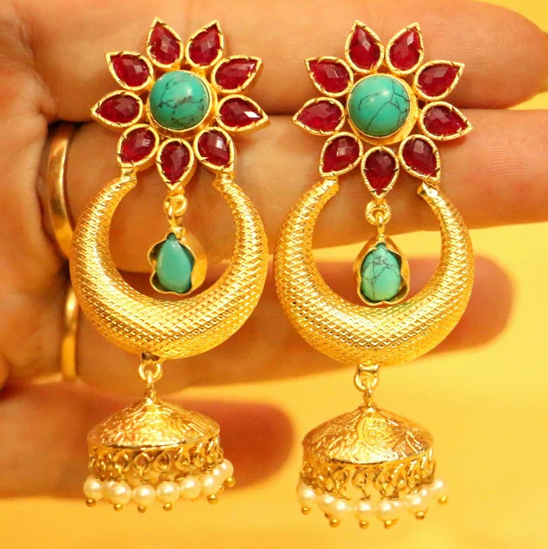 vintage gold earrings for women -Gold Plated Multicolour Jhumka Style Earrings