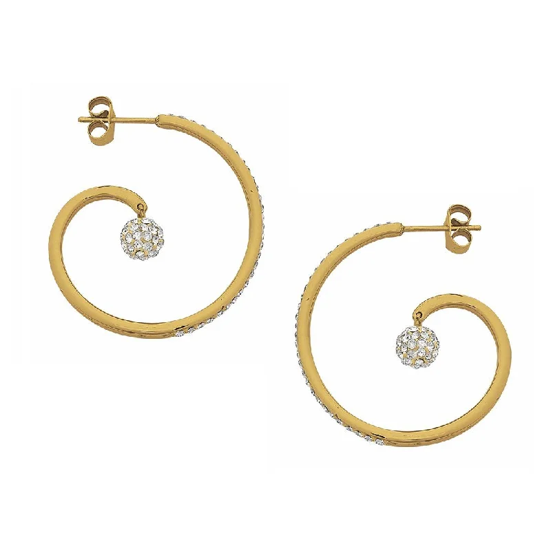 handmade hoop earrings for women -Gold Stainless Steel Open Swirl and Crystal Pave Ball Hoop Earring