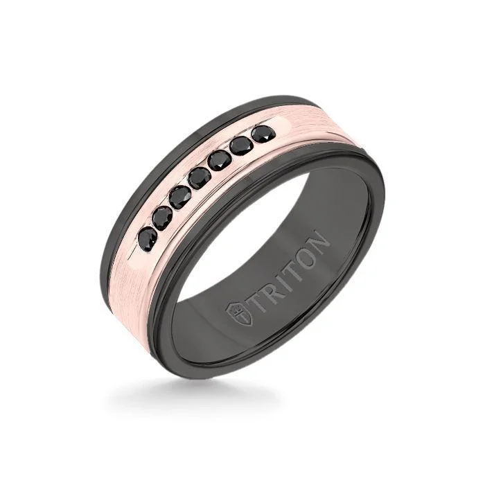 engraved rings for women -8MM Black Tungsten Carbide Ring - Black Diamonds 14K Rose Gold Insert with Round Edge