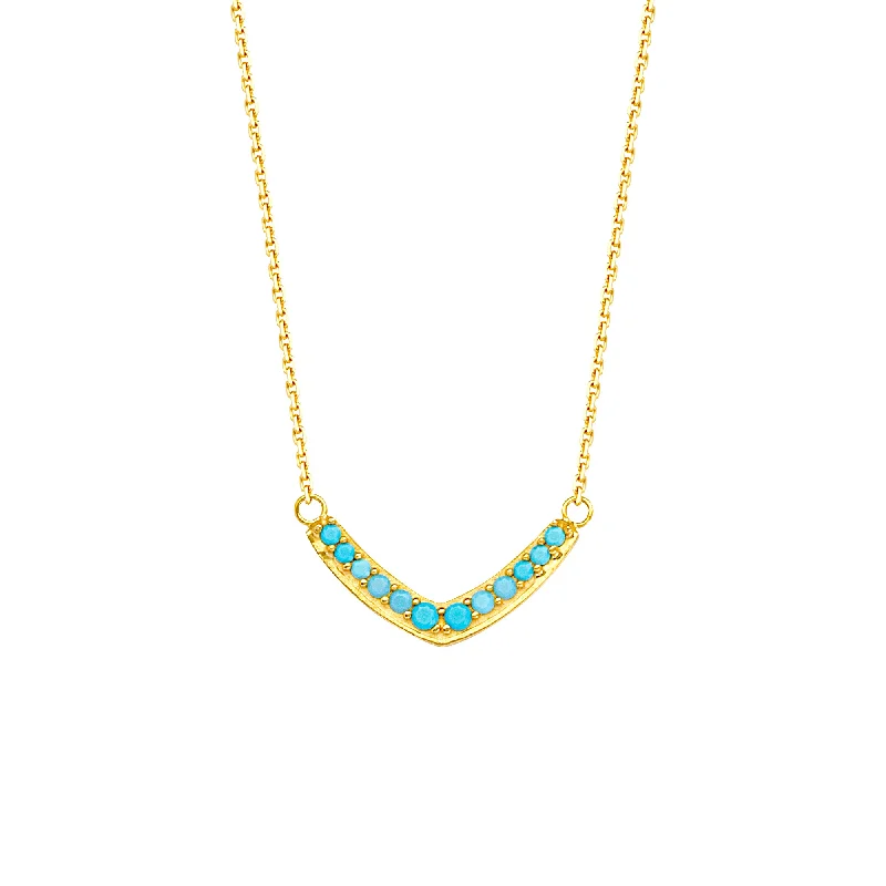 gold bar necklaces for women -14k Yellow Gold V Bar Necklace with Simulated Nano Turquoise Adjustable Length