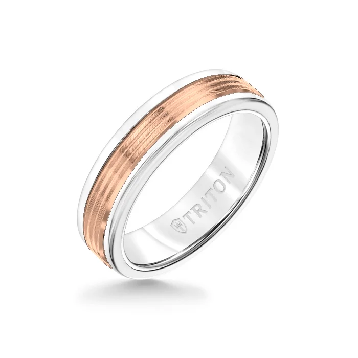 ruby rings for women -6MM White Tungsten Carbide Ring - Serrated Engraved 14K Rose Gold Insert with Round Edge