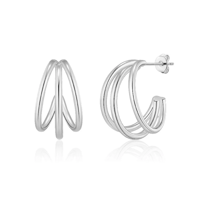 luxury earrings for women -Silver Plated Triple Hoop Earrings