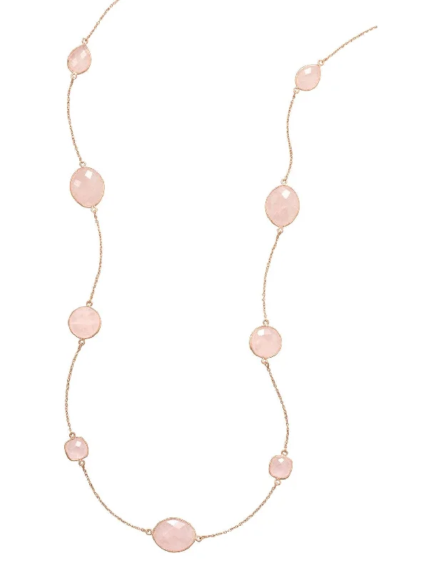 bohemian style necklaces for women -Pink Rose Quartz Necklace Rose Gold Over Sterling Silver Tin Cup Station 24-inch Length